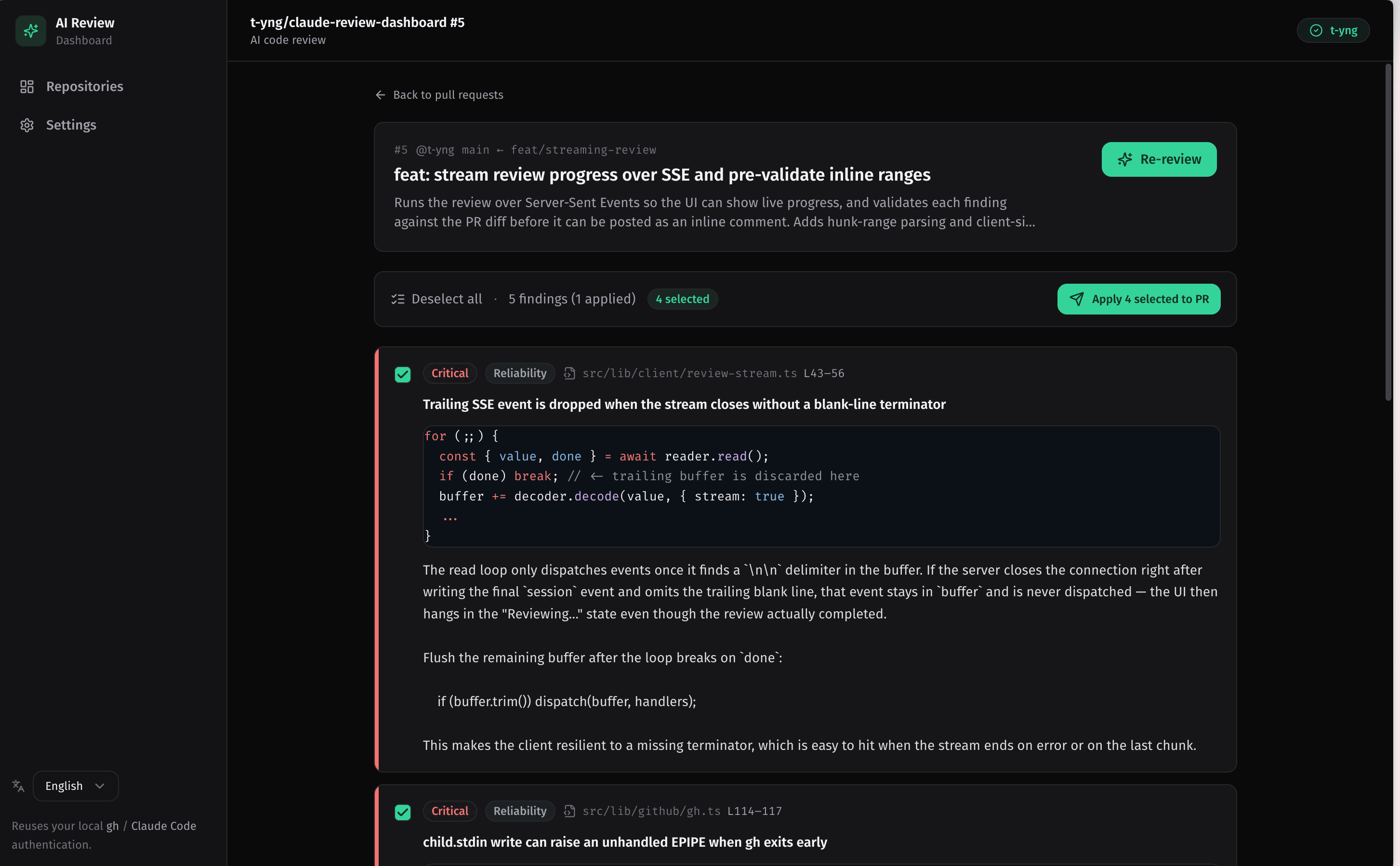 Claude Review Dashboard screenshot